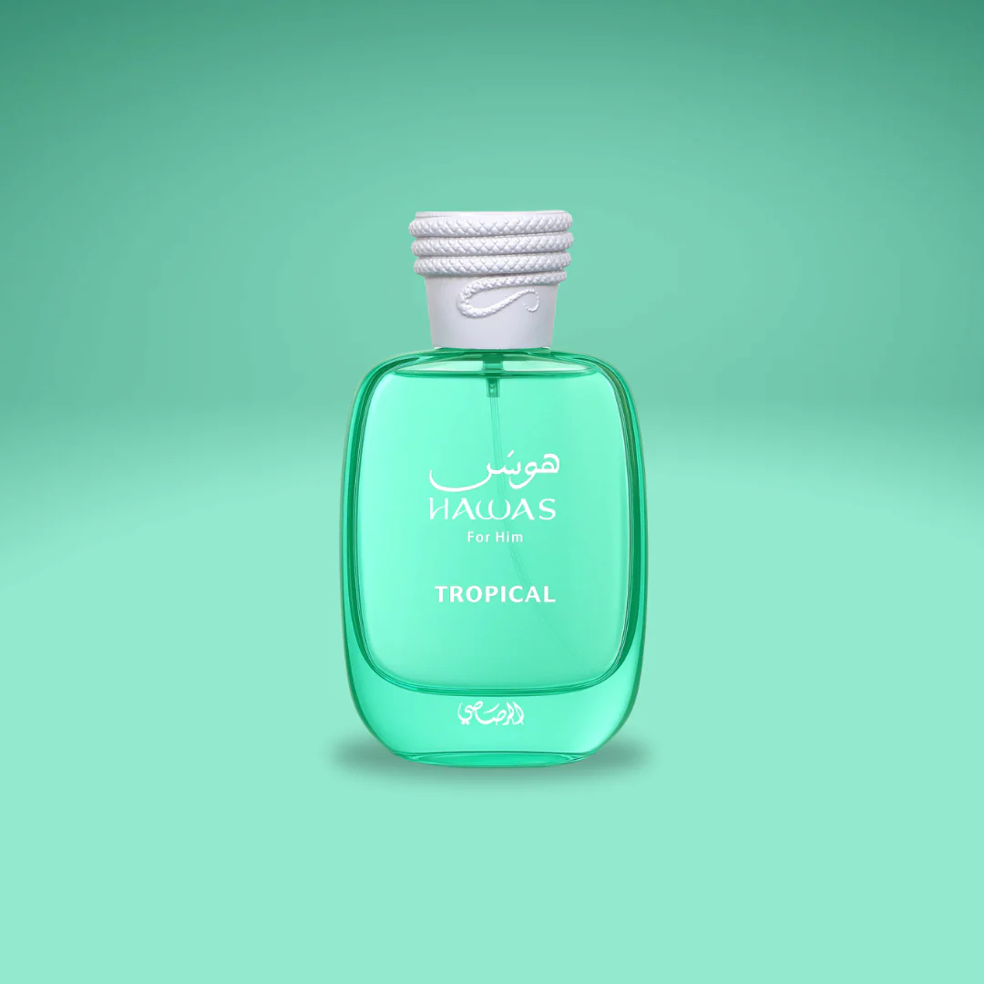 A photo of the colorful, tropical-themed bottle for Rasasi Hawas Tropical fragrance.